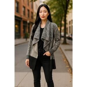 Lucky Brand Women’s Black White Open Front Cardigan Sweater Geometric Aztec M-L